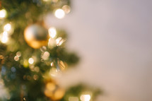 Blurred Christmas lights on a Christmas tree.