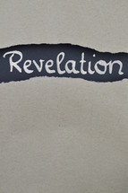 Revelation - torn open kraft paper over dark red paper with the name of the book: revelation