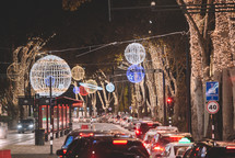 Traffic and Christmas decorations in the street 