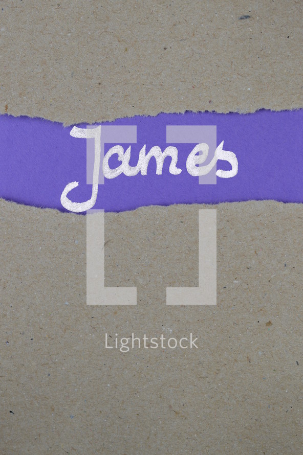 James - torn open kraft paper over lilac paper with the title James 