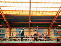 a wrestling ring and wrestles 