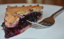 Blueberry pie on a plate with a fork.