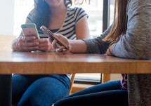women sitting in a coffee shop texting 