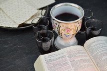 open Bible, unleavened bread, and wine cups 