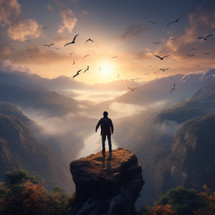 Man silhouette stands on mountain peak above clouds, sun shines in the sky, birds fly, person faces his future.