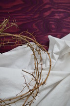 crown of thorns and a piece of cloth on purple wood