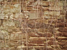 A stacked stone wall. 