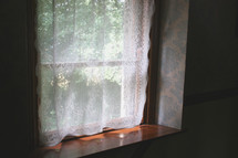 sheer lace curtain in a window 