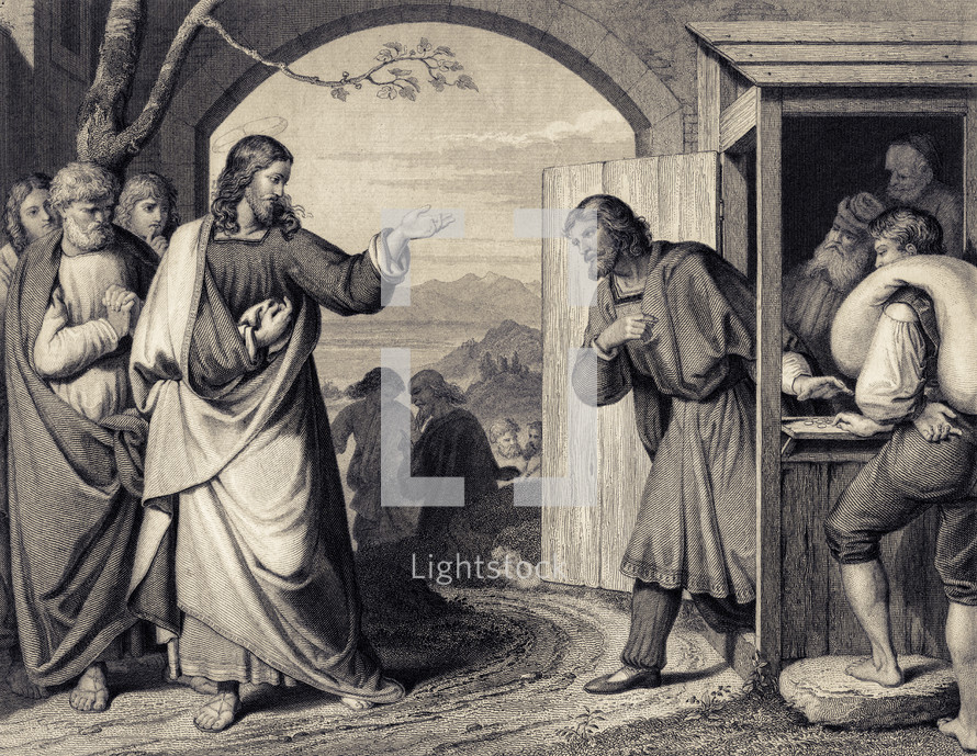 A painting depicting Jesus calling Matthew.
