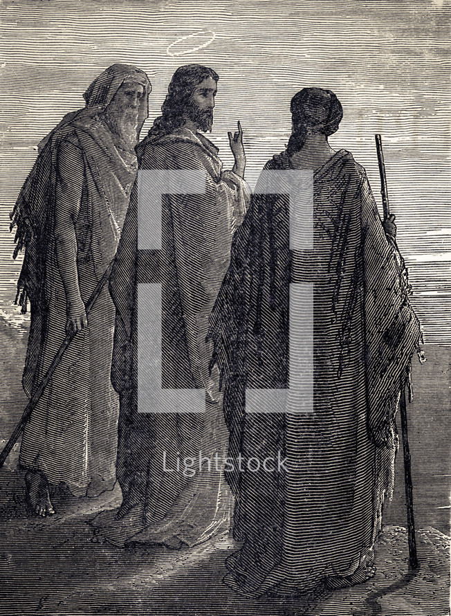 Artwork depicting Jesus and disciples on the road to Emmaus.