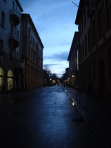 wet urban street in the blue hour. 