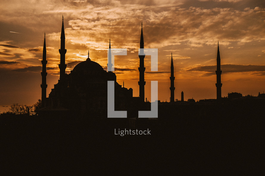 Silhouette of a mosque at sunset in Turkey. 