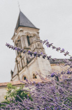 church and purple flowers 