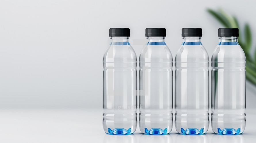 Four clear plastic water bottles with black caps, neatly aligned on a white surface with a minimalistic background. Ideal for themes of hydration, health, and sustainability.