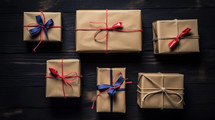 Simple Christmas gifts wrapped in brown paper. 