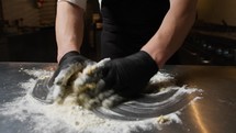 Mixing Homemade Dough Flour In Italian Kitchen Of Restaurant