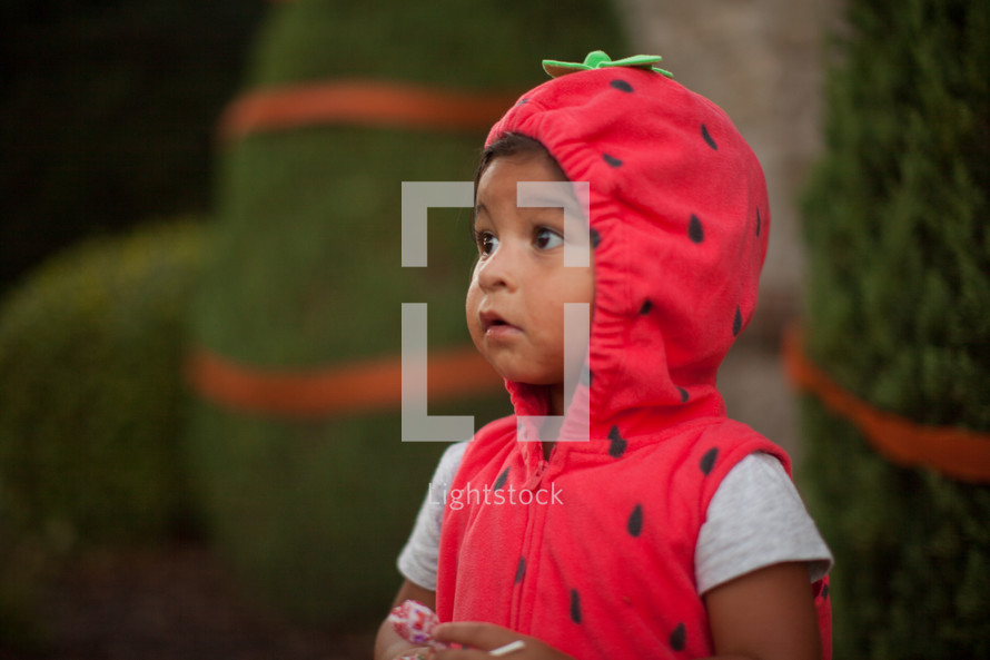 a child in a strawberry Halloween costume