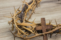 crown of thorns and wooden cross 