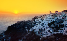 Oia village sunset in Santorini island Greece