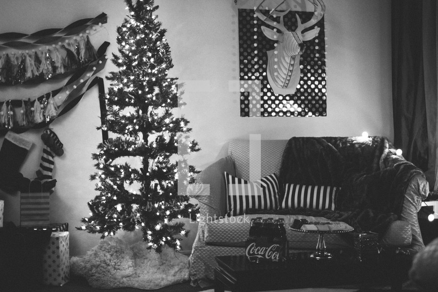 a living room decorated for Christmas 