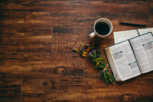 open Bible, journal, pen, earbuds, iPhone, and flowers on a table 