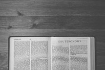 Bible on a wooden table open to the book of Deuteronomy.