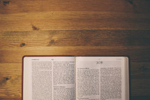 Bible on a wooden table open to the book of Job.