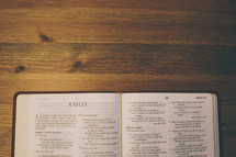 Bible on a wooden table open to the book of Amos.