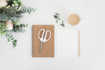 scissors, notebook, notepad, pencil, white background, journal, workspace, desk, flowers, cellphone, phone, coffee, creamer, roses, flowers