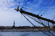 A bowsprit in the front of a ship in dock in Tallinn, Estonia