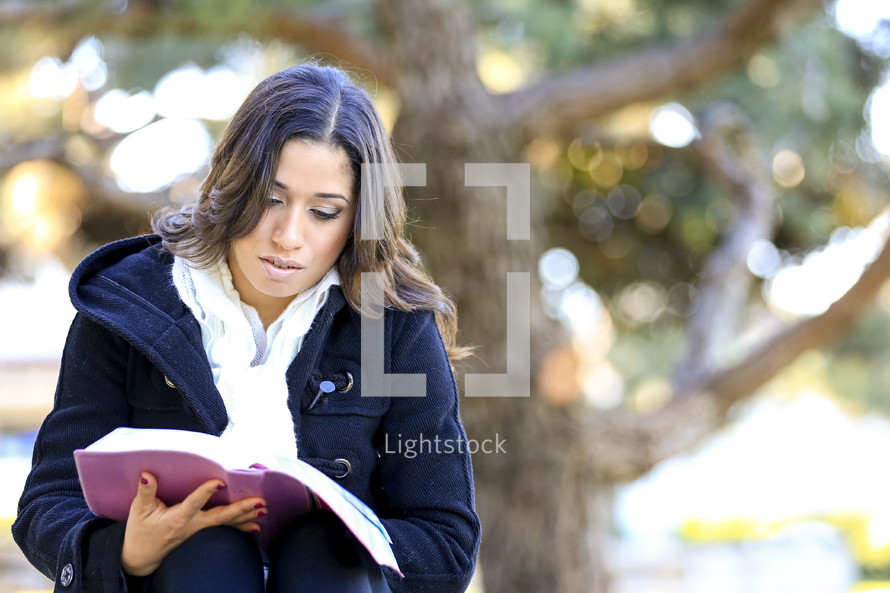 Woman sitting in front or large tree reading the Bible.