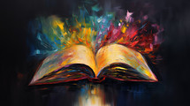 Colorful oil painting of an open book. 