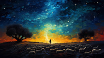 Shepherd in the field looking up at the night sky. 