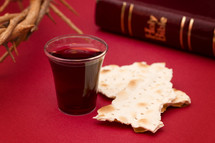 crown of thorns, Bible, communion bread and wine cup 