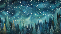 Illustrated starry night sky with snowfall and snowy trees. 