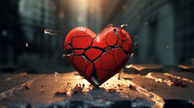 Broken red heart with shattered pieces on concrete. 