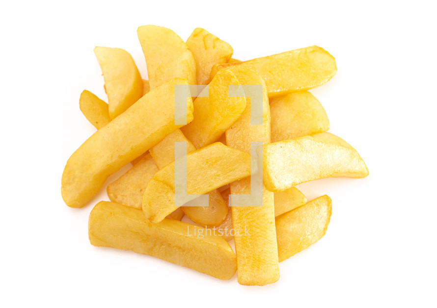 A Pile of Chunky Steak Fries Isolated on a White Background