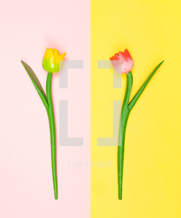 Wooden tulips contrasted with the background color