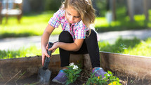 girl child digging in a garden 