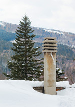 Spruce and chimney covered with snow in the tourist resort of Abetone in Italy.