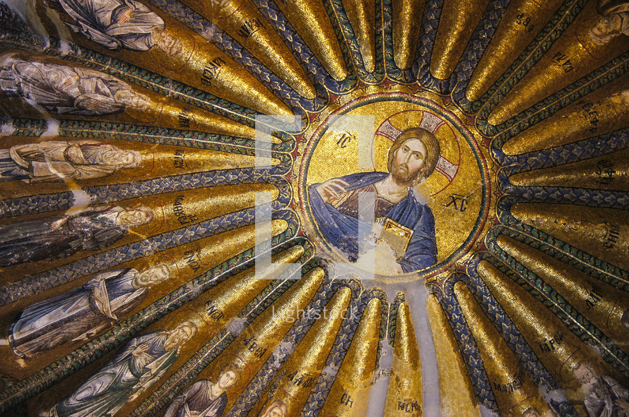 Golden mosaic covered rotunda featuring Christ Jesus his disciples and other saints