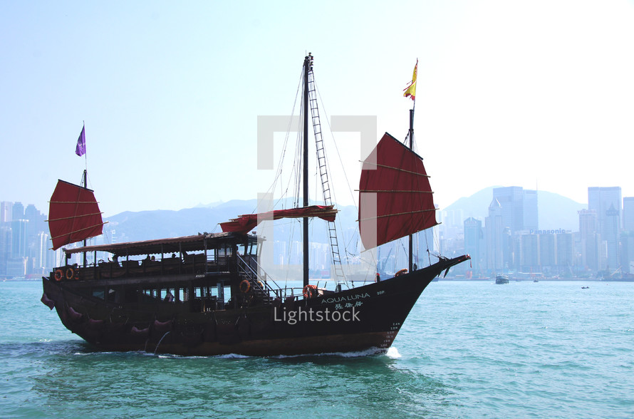 Chinese Junk in Hong Kong Harbor