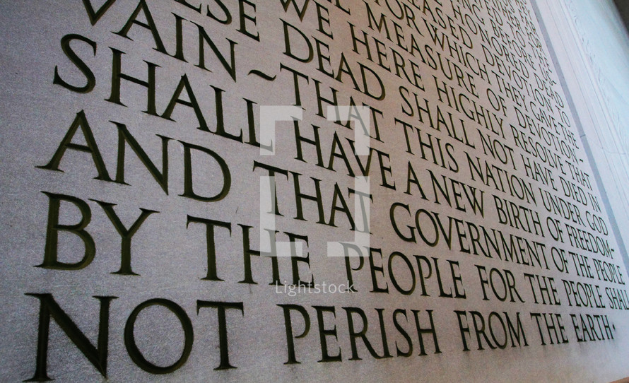 The Gettysburg Address etched in stone at the Lincoln Memorial