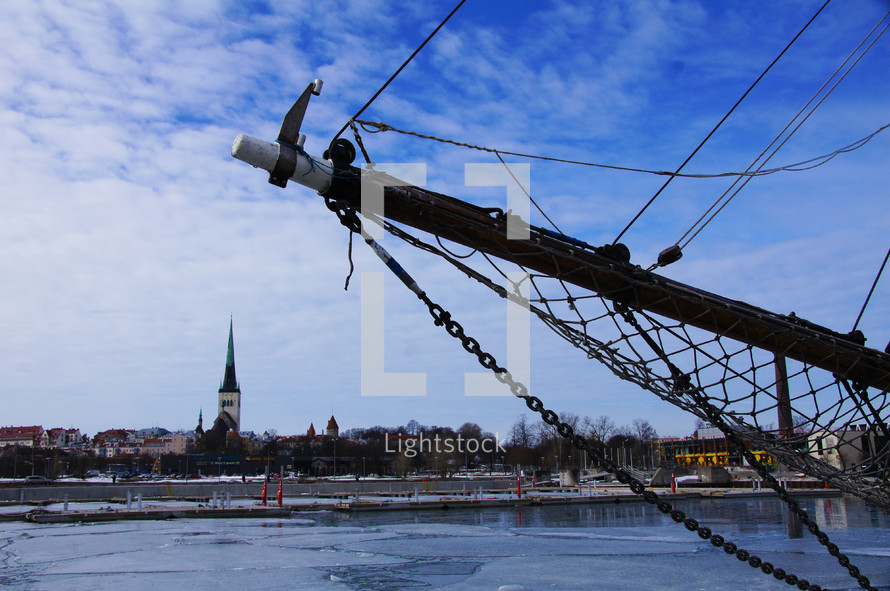 A bowsprit in the front of a ship in dock in Tallinn, Estonia