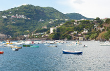 Bay of island of Ischia with boats and mountains