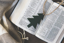 Christmas tree ornament on the pages of a Bible 