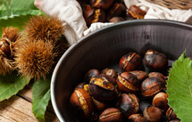 Roasted chestnuts in a pitted pan