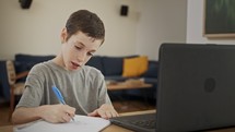 Young boy attending an online lesson during the COVID-19 lockdown