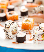 Sushi Buffet, different specialties of Japanese cuisine.