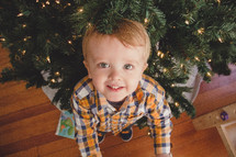toddler boy under a Christmas tree 